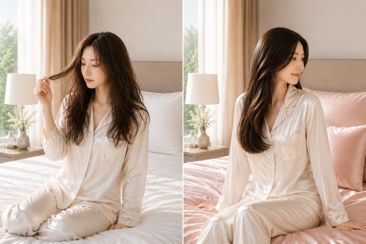 通常の枕で眠った朝をイメージした髪と、シルク枕カバーを使った朝をイメージしたまとまりのある髪の比較
